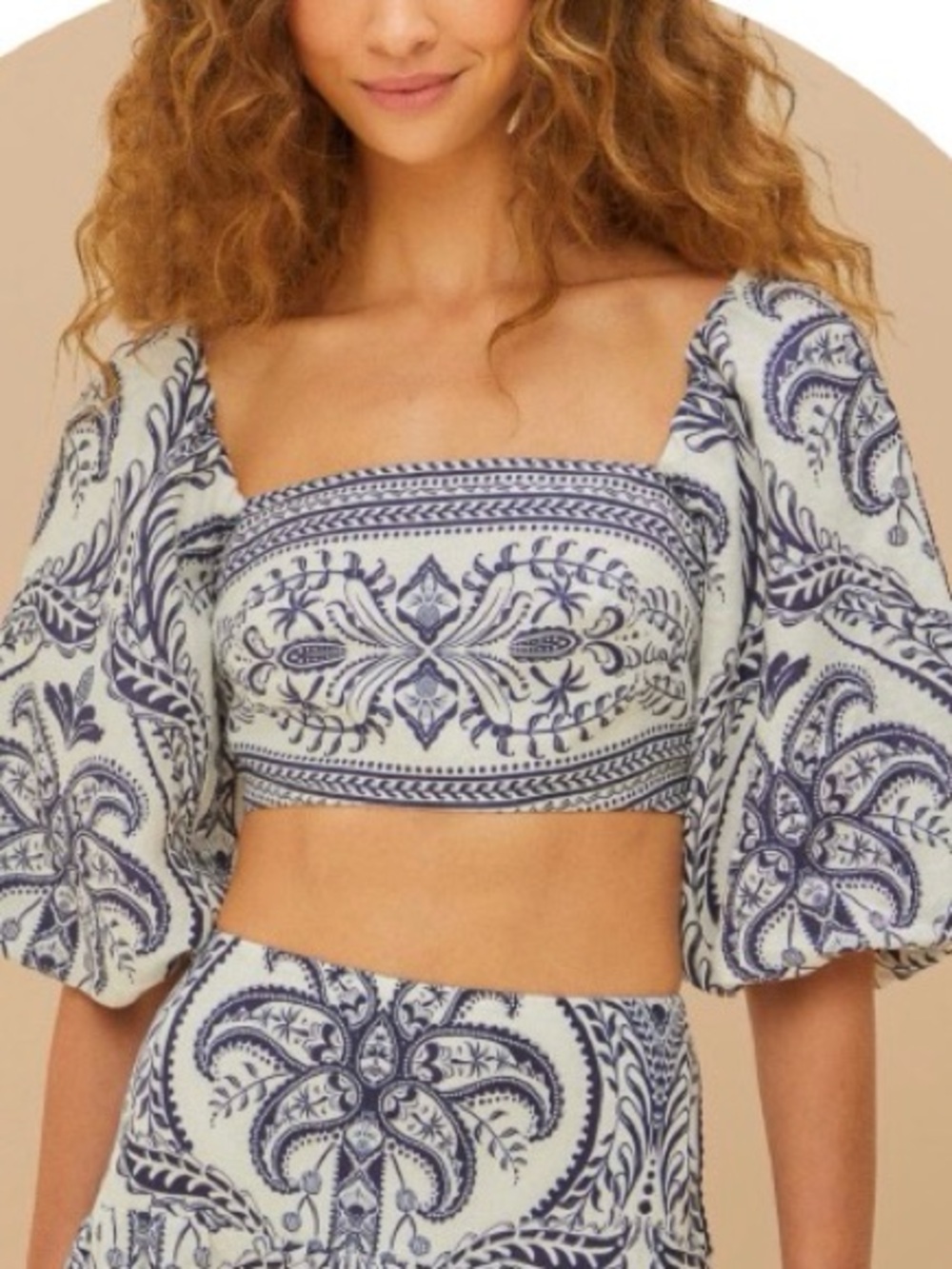 FARM Rio Navy Paisley Square-Neck Puff Sleeve Crop Top